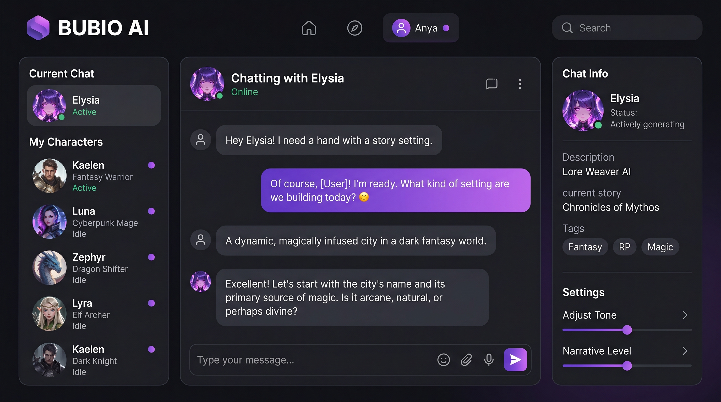 Bubio AI chat interface showing diverse anime and fantasy character selection